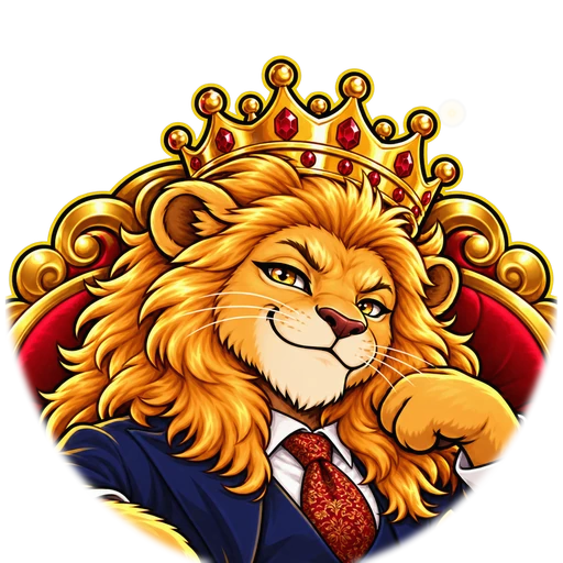 El león sentado en un trono rojo, con corona